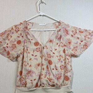 Lush V-Neck Blouse - Cream and Orange Floral